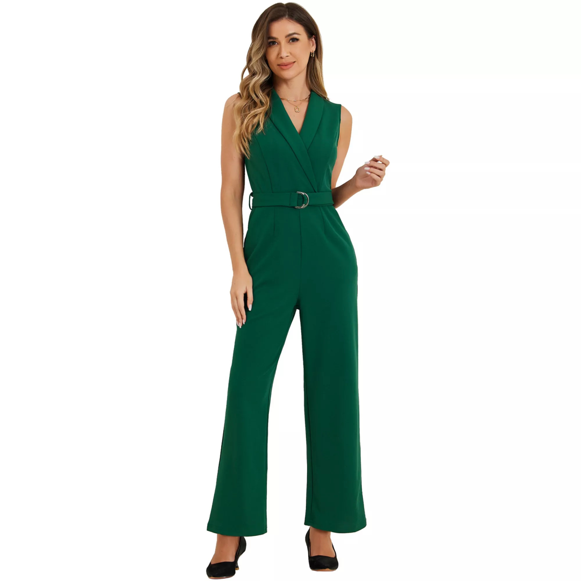 Women's Sleeveless Shawl Collar Office Belted Cropped Jumpsuit Romper | Kohl's