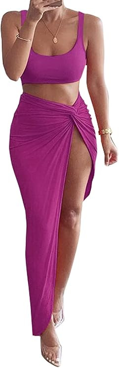 PRIMODA Women's 2 Piece Dress Outfit Sleeveless Tank Crop Bodycon High Slit Maxi Long Skirt Set | Amazon (US)
