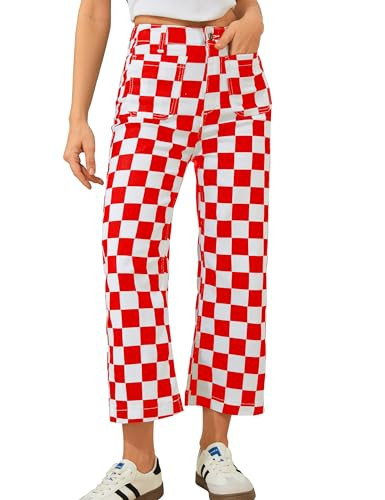 Odefou Cropped Jeans for Women Checkered Pants Casual High Waisted Stretchy Straight Leg Trousers with Pockets(Red and White Checkered,4) | Amazon (US)