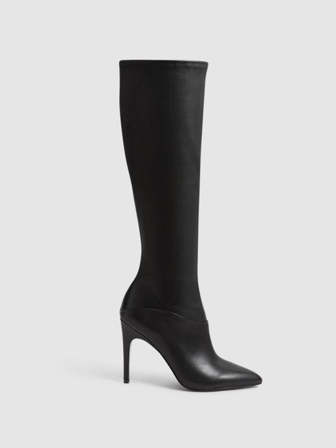 Reiss Black Carina Knee High Leather Boots | Reiss (UK)