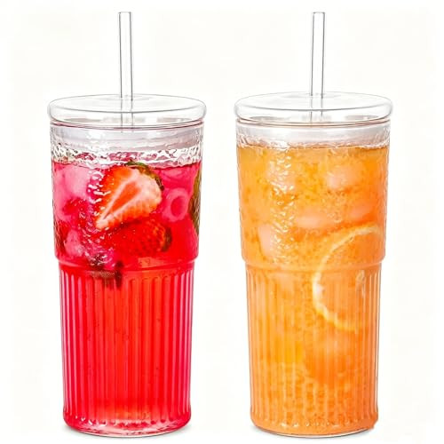 QWEZXO Glass Cups With Lids and Glass Straws，20 OZ High Borosilicate Glass Tumbler Iced Coffee Water Smoothie… | Amazon (US)