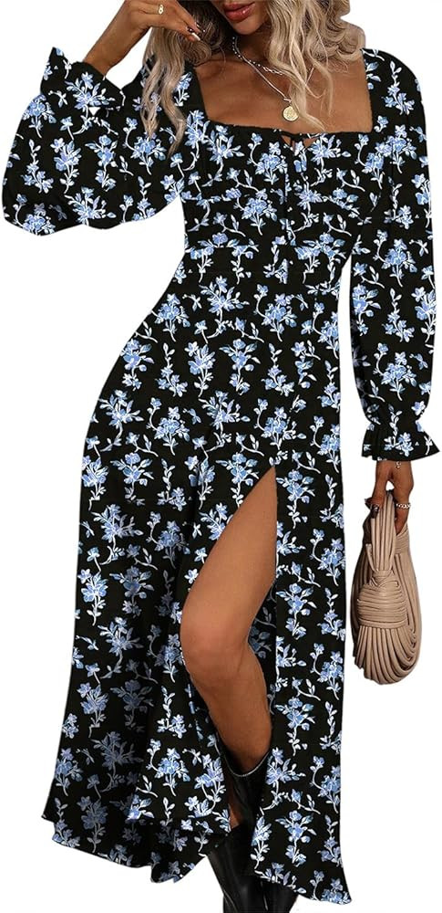 BLENCOT Women's Floral Print Puff Long Sleeve Maxi Dress Sexy Square Neck Tie Front Ruffle Hem Sp... | Amazon (US)