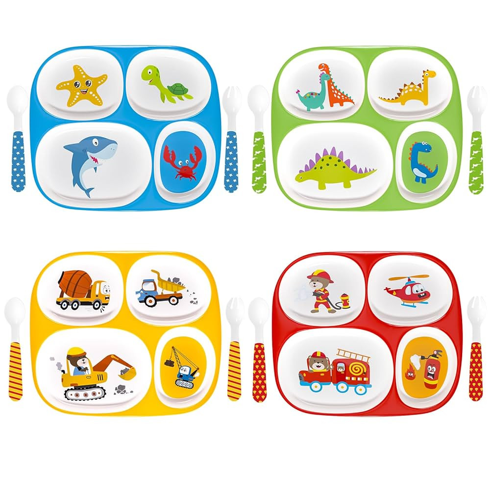 Set of 4 Divided Melamine Dinner Plates for Boys, Shatterproof Kids Dinnerware with Fun Themes (F... | Amazon (US)