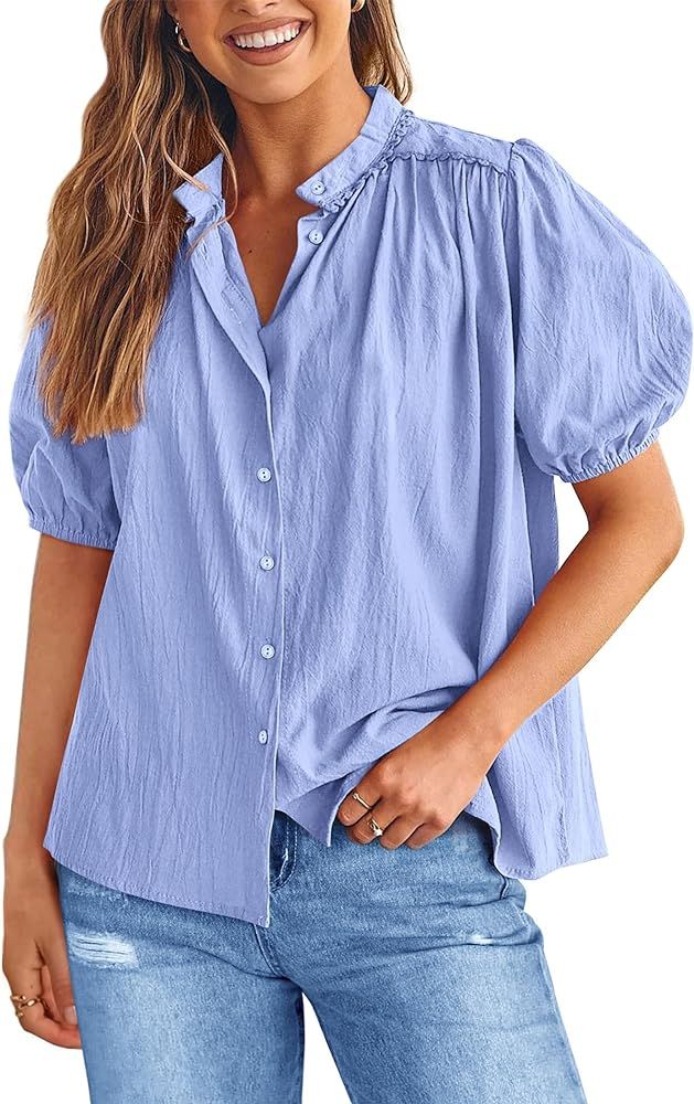 PRETTYGARDEN Womens Summer Button Down Short Lantern Sleeve V Neck Cotton Tops | Amazon (US)