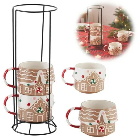 Set of 4 Stackable Christmas Mugs, 15.8 Oz Christmas Gingerbread House Coffee Mug With Stand, Christmas Gingerbread House Ceramic Mugs | Walmart (US)