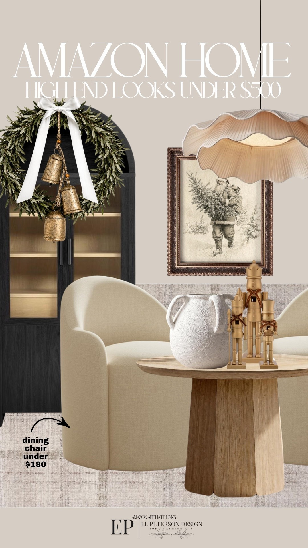Amazon
Dining Table
Dining Chair
Vase
Nutcracker 
Wreath
Tall accent cabinet
Artwork
Pendant light

#LTKHome