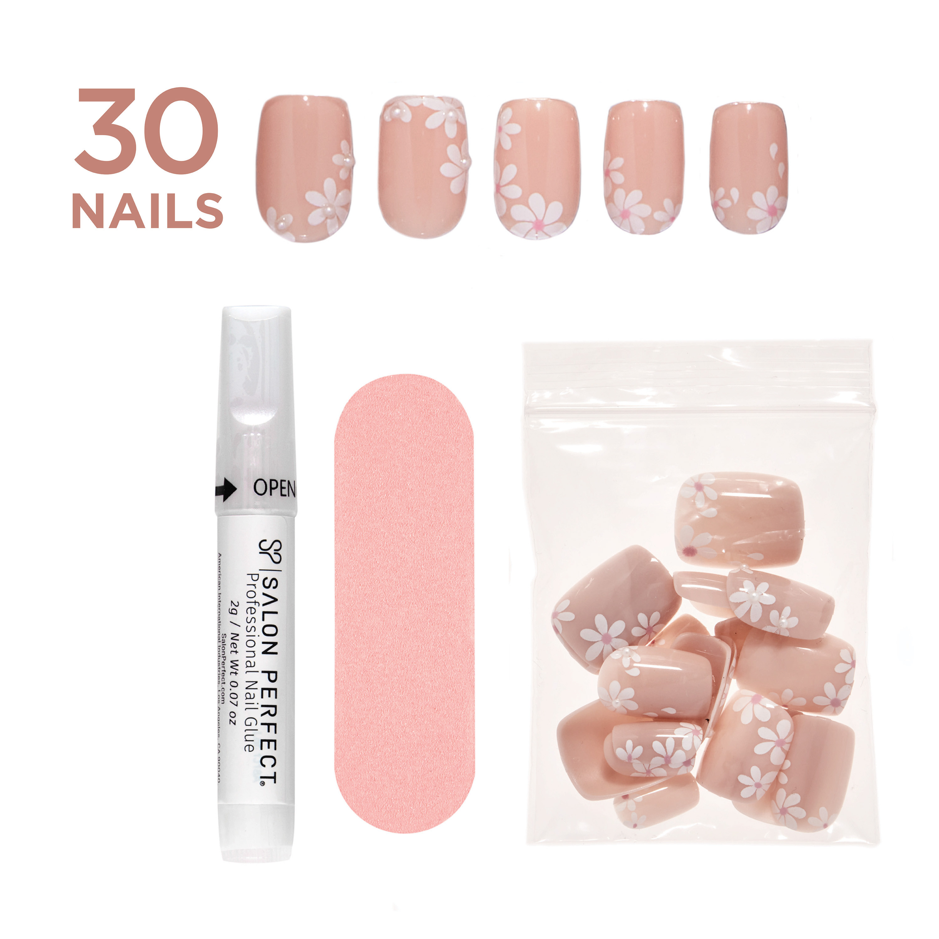 Salon Perfect Artificial Press On Nails, 168 Pearl Floral, Short Square Glue On Fake Nails, File ... | Walmart (US)