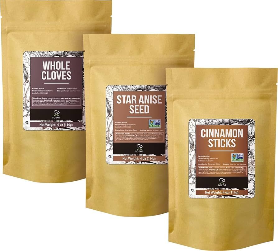 Soeos Cinnamon Sticks Bulk + Star Anise Whole + Whole Cloves Bulk, 4oz Each, All Natural, No Pres... | Amazon (US)