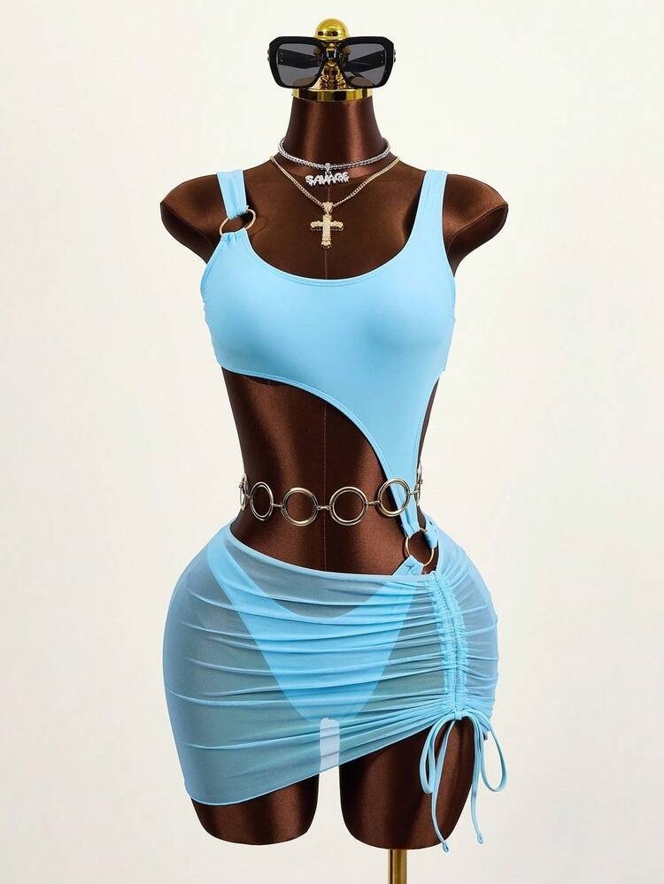 Zestiva Summer Beach Cut Out Ring Linked One Piece Swimsuit With Beach Skirt | SHEIN