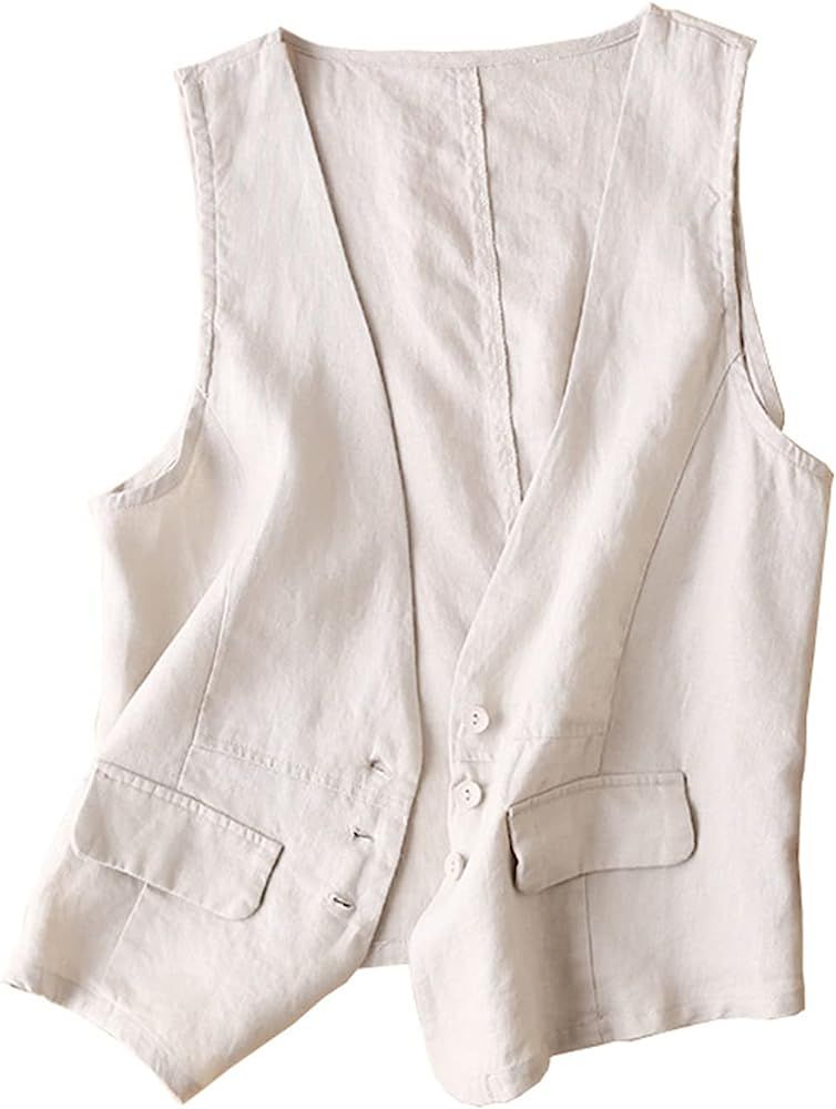 UATKIMI Womens Cotton Linen Vest Casual Loose V Neck Sleeveless Vests Jacket | Amazon (US)