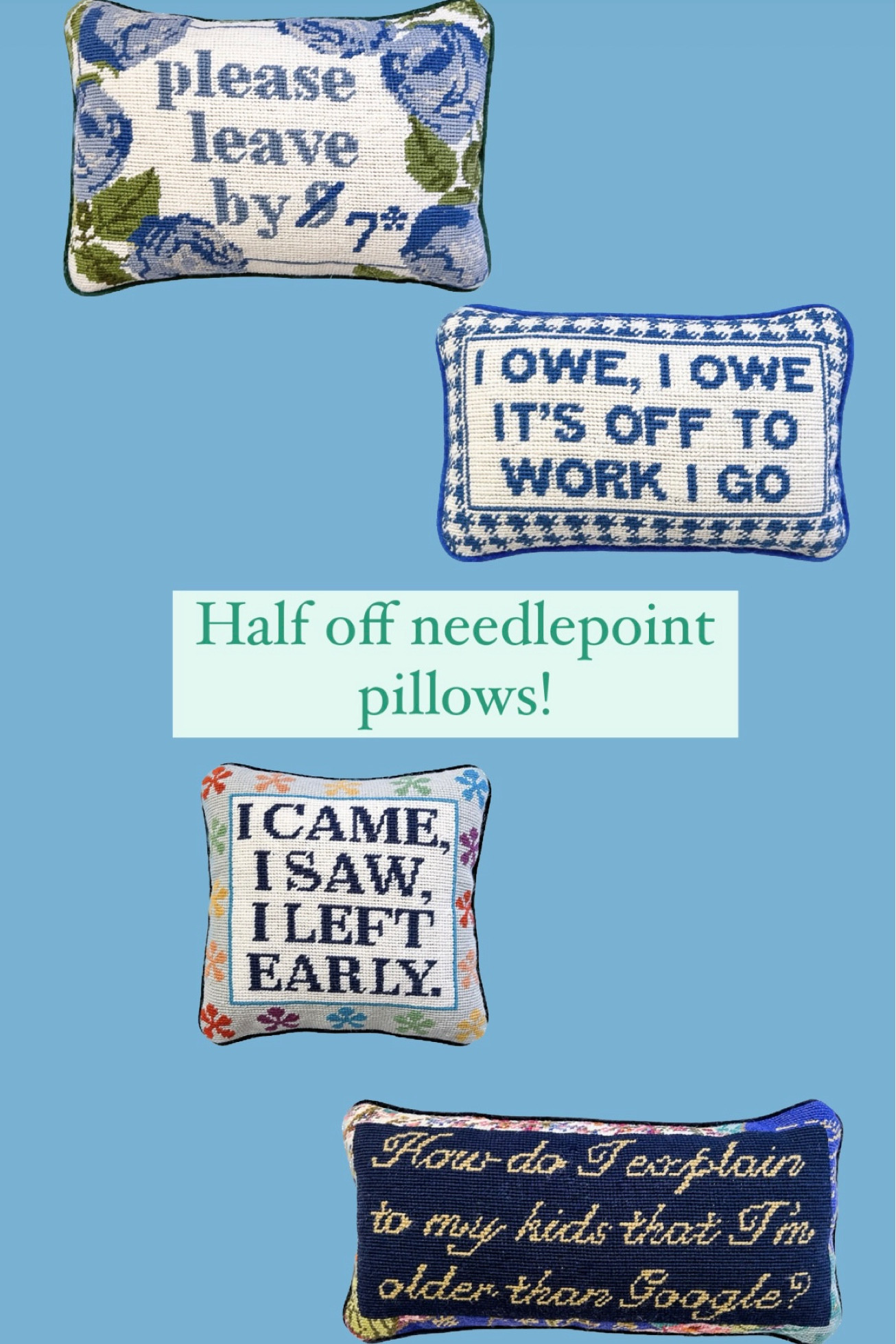 I love a fun quippy needlepoint pillow but they can usually be around $100 each new. These are half off at only $49 each!! Plus a few new secondhand finds. Perfect for yourself or grandmillenial friends.

#LTKsalealert #LTKhome