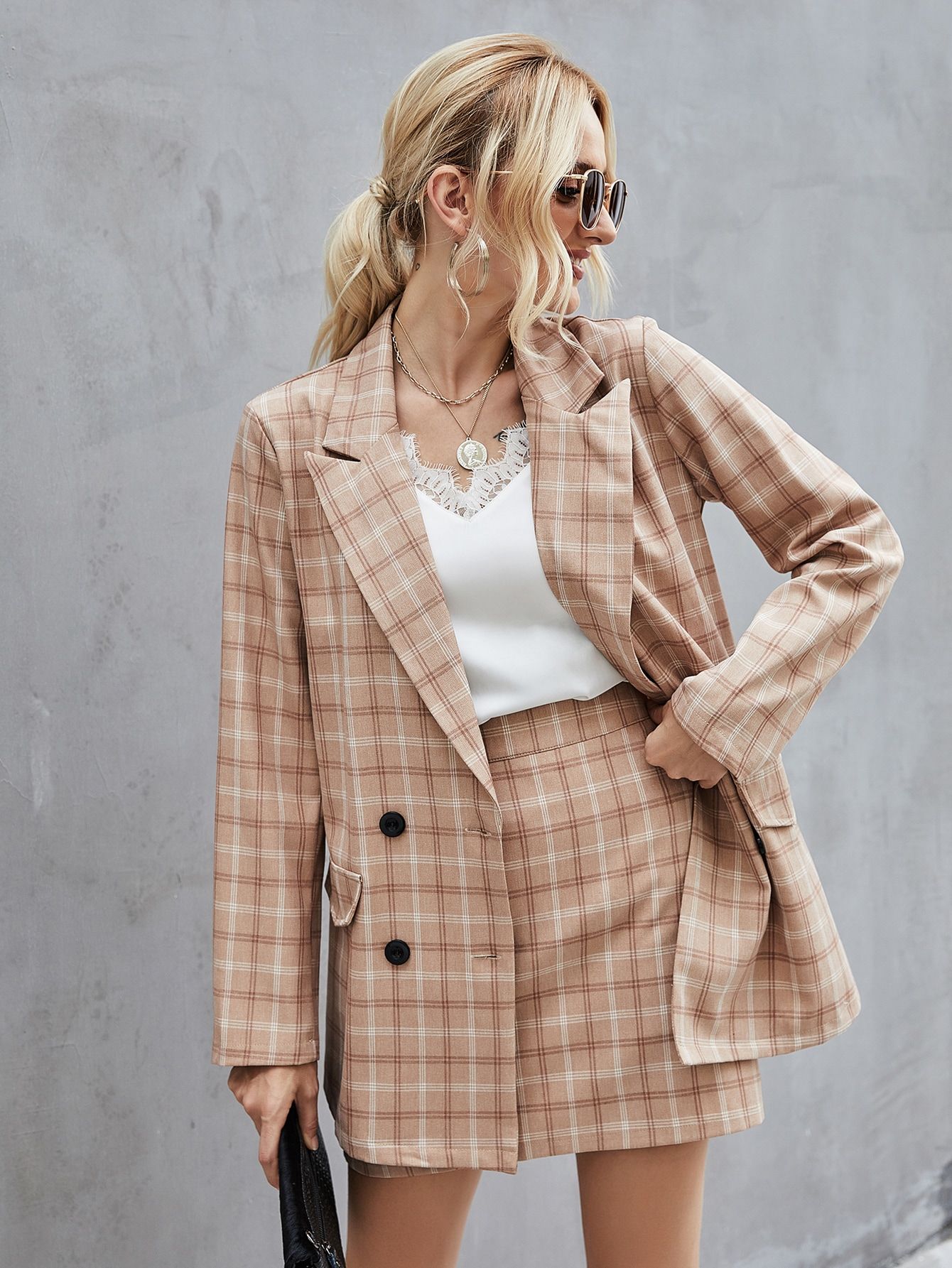 Plaid Double Breasted Blazer With Skirt | SHEIN