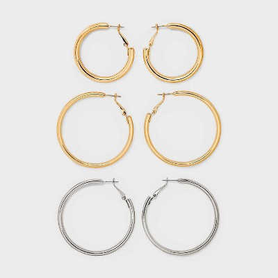 Smooth Tubular Mixed Hoop Earring Set 3pc - Wild Fable™ Gold/Silver: Nickel-Free, Hinge Closure | Target