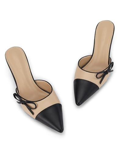 Coutgo Womens Kitten Heels Bow Tie Mules Two Tone Closed Pointed Toe Slip On Backless Wedding Dress Shoes Pumps, Khaki, Size 9.5 | Amazon (US)