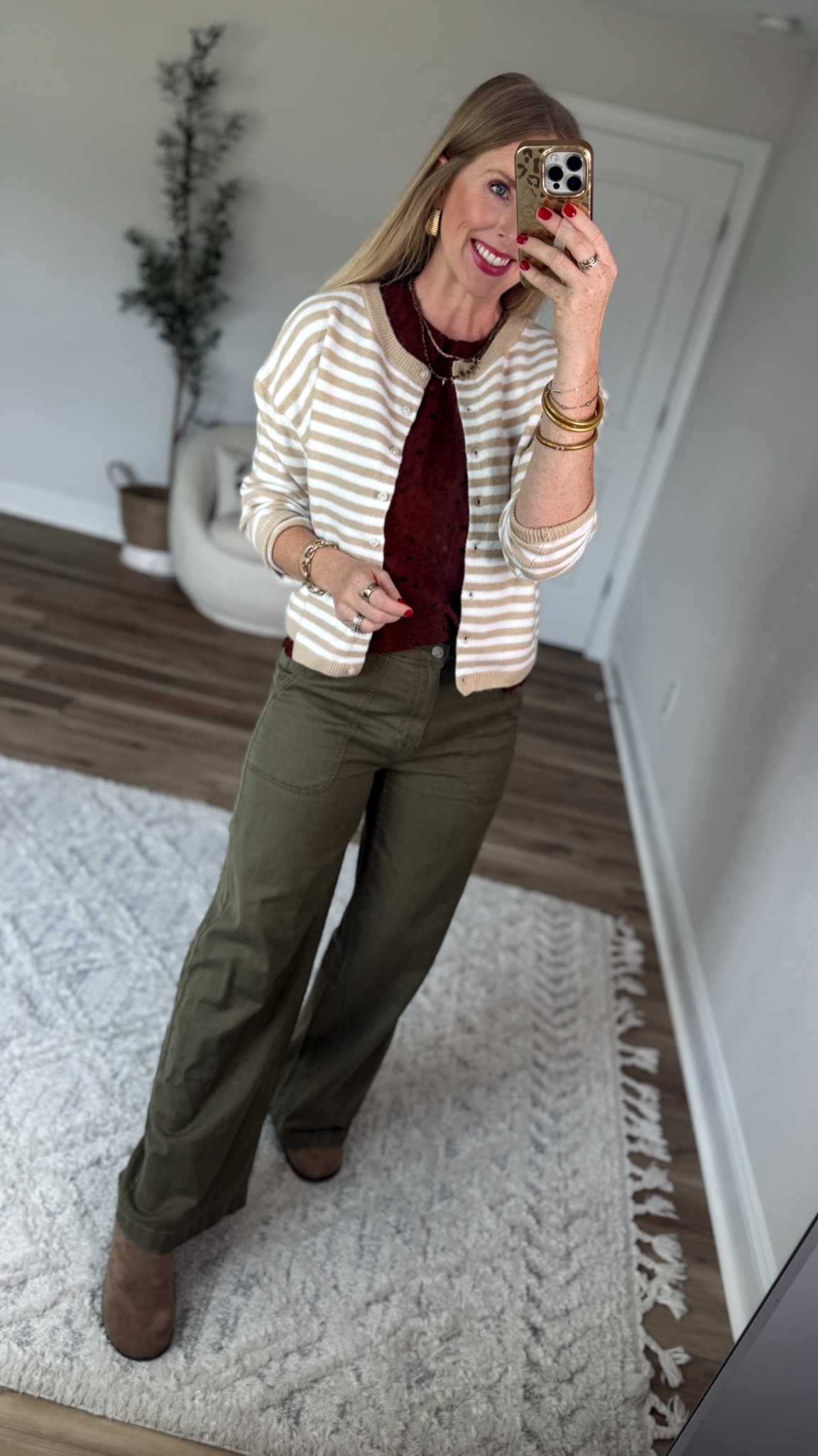 Daily try on, Walmart outfit, Walmart fashion, Walmart try on, striped cardigan, olive green pants

#LTKootd