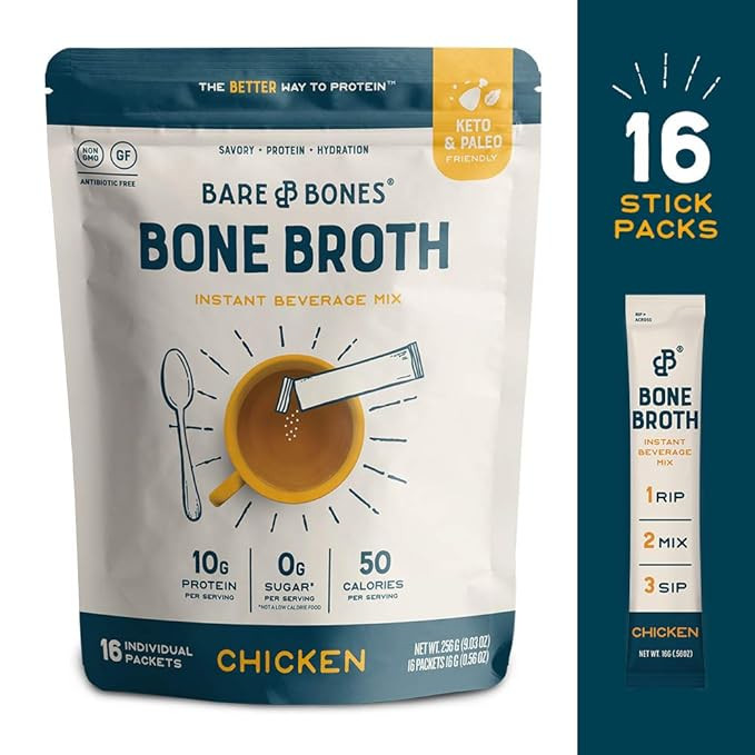 Bare Bones Bone Broth Instant Beverage Mix, Chicken, 10g Protein, Keto & Paleo Friendly, 0.56oz, ... | Amazon (US)