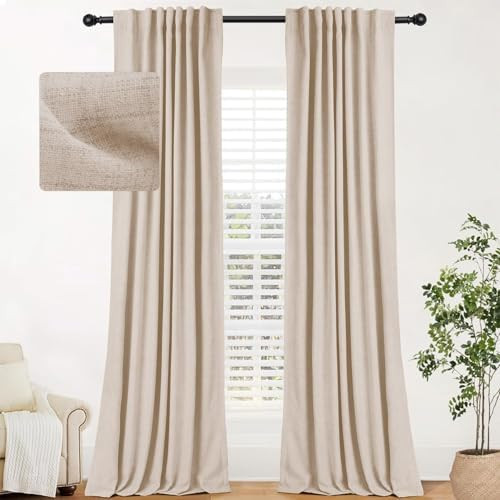 100% Blackout Shield Linen Blackout Curtains for Bedroom 84 Inches Long, Back Tab/Rod Pocket Livi... | Amazon (US)