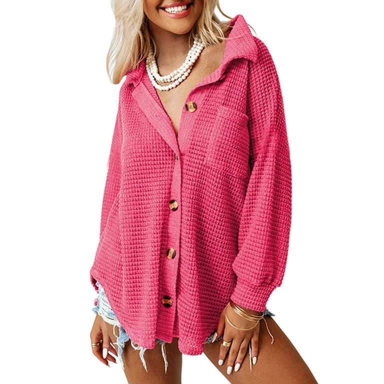 SHEWIN Women's Button Down Shirts Waffle Knit Shacket Jackets Loose Fit Boyfriend Blouses Fall Ja... | Walmart (US)