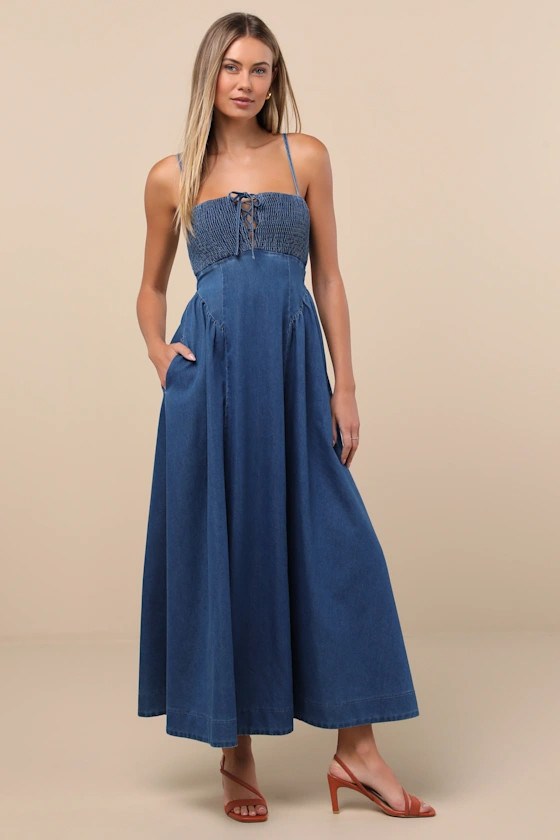 Laylie Medium Wash Denim Lace-Up Midi Dress | Lulus
