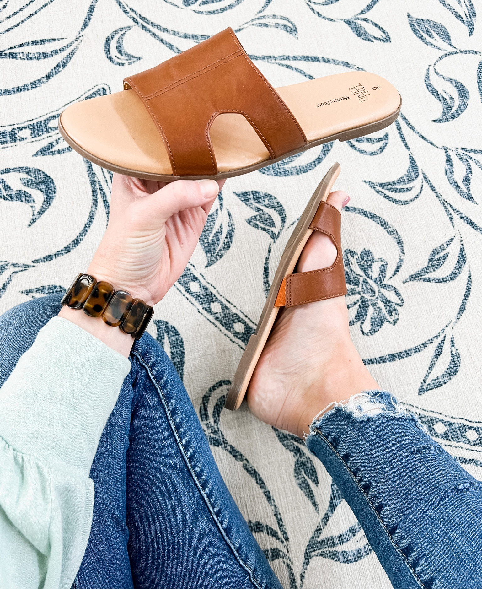 Designer leather slide dupes for $10!Walmart find sandals shoes spring and summer. Camel cognac leather cut out slides tortoise apple watch band distressed denim jeans kut from the kloth

#LTKshoecrush #LTKFind #LTKunder50