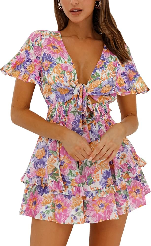 AIMCOO Women's Long Puff Sleeves Knot Front Short Dress Smocked Waist Solid Ruffle Mini Dresses V... | Amazon (US)