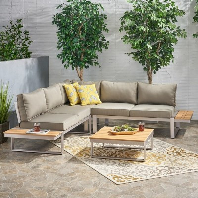 Outdoor Furniture Set, 4 Pcs Sofa Set with Side Table and Coffee Table, Sectional Sofa with Aluminium Frame and Brown PE Cushions-Coolbibila | Target