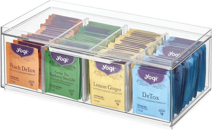 iDesign Tea Bag Organizer for Counter, 4-Section Clear Stackable Tea Storage Drawer for Cabinet | Amazon (US)