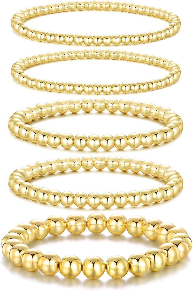 Dndty 14K Gold Plated Bead Ball Bracelets Stretchable Elastic Gold Beaded Bracelets for Women | Amazon (US)