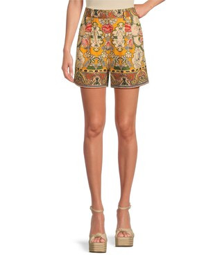 Woven Floral Print Linen Blend High Rise Pleated Front Trouser Coordinating Shorts | Dillard's