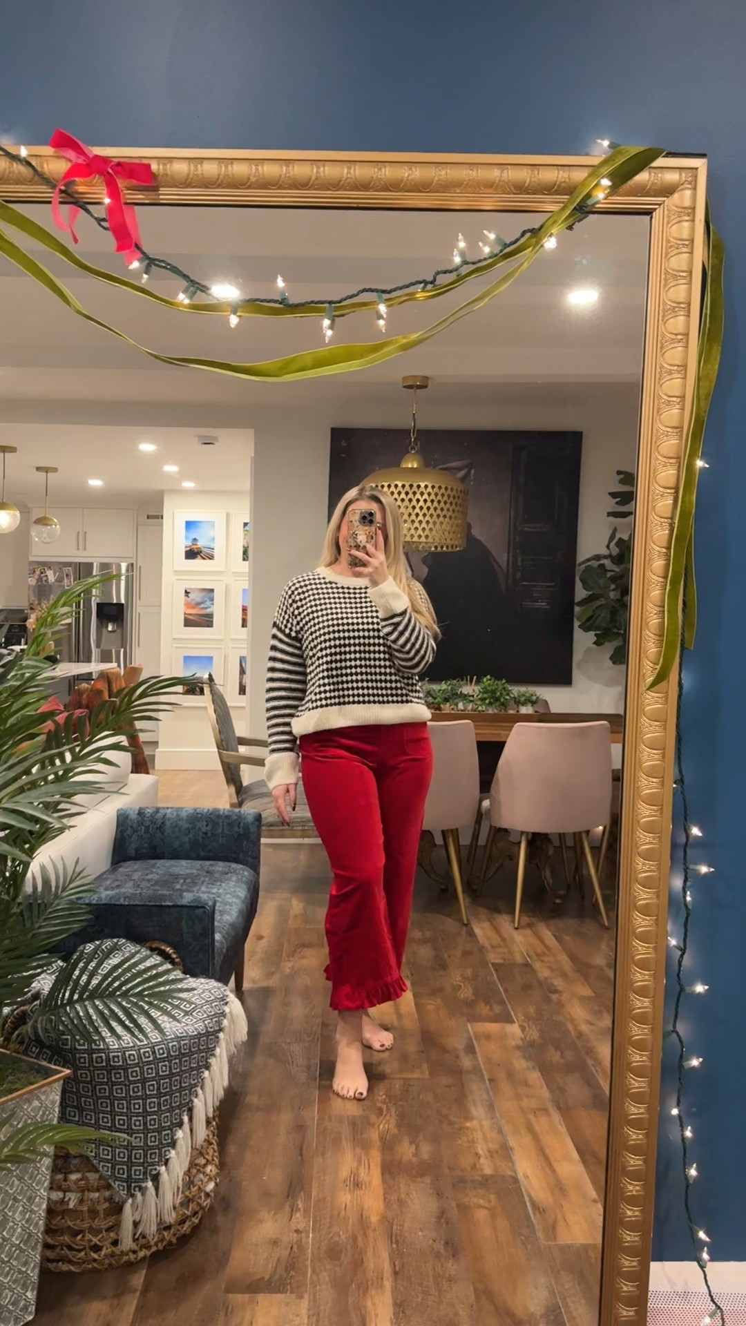 Cute black and white sweater! Wearing a large. super soft. Red velvet colette pants, true to size. Love the ruffle on the bottom, perfect for christmas! Christmas party outfit. 

 

#LTKGiftGuide #LTKHoliday #LTKMidsize