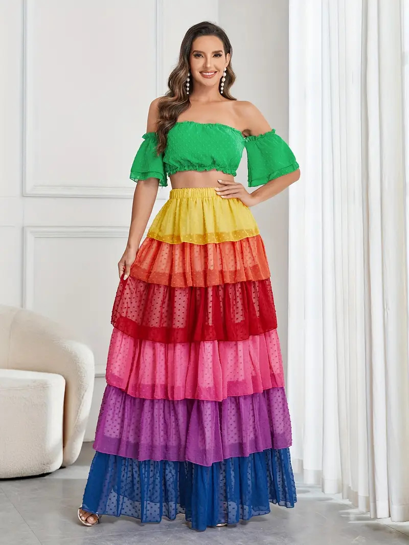 Elegant Two-piece Set, Off Shoulder Tie Back Crop Top & Layer Hem Skirt Outfits, Women's Clothing | Temu Affiliate Program