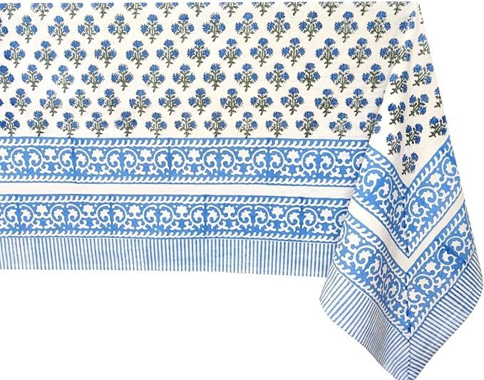 ATOSII Gulbahar Blue 100% Cotton Spring Square Tablecloth, Handblock Print Floral Table Cloth Lin... | Amazon (US)