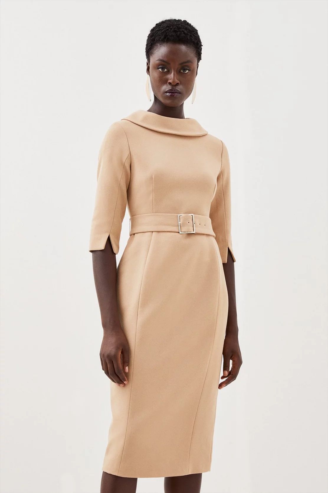 Tailored Structured Crepe Roll Neck Pencil Midi Dress | Karen Millen UK + IE + DE + NL