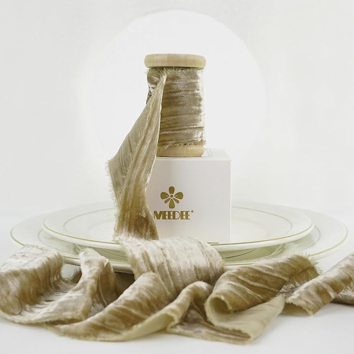 MEEDEE Light Brown Velvet Ribbon 2 Inch Frayed Edge Silk Ribbons 2 Rolls 4 Yards Crinkle Crushed ... | Amazon (US)