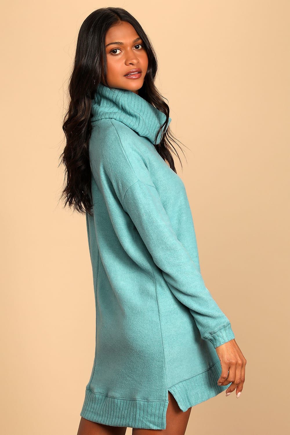 Autumn Daze Mint Blue Cowl Neck Long Sleeve Sweater Dress | Lulus (US)