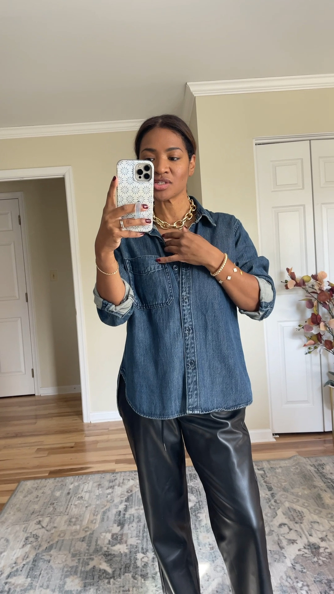 Love this fall outfit! Wearing a size medium in the denim top and a small
In the faux leather jogger pants 

#ltkover40 #ltkfindsunder100 #ltkfindsunder50