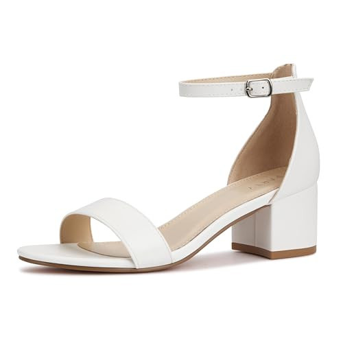 PARTY Women's Open Toe Ankle Strap Low Block Chunky Heels Sandals, White Pu B, 8.5 | Amazon (US)
