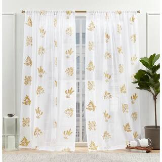 Mabel Gold Floral Sheer Rod Pocket Curtain, 54 in. W x 84 in. L (Set of 2) | The Home Depot