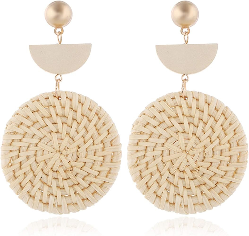 Round Semicircle Geometric Shaped Handwoven Rattan Dangle Earrings Cute Bohemian Lightweight Drop... | Amazon (US)