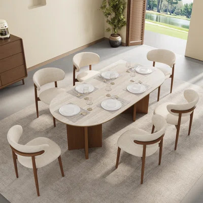 7-piece Rectangular Dining Table Set, Travertine Stone Oval Dining Table With 6 Fabric Chairs | Wayfair North America