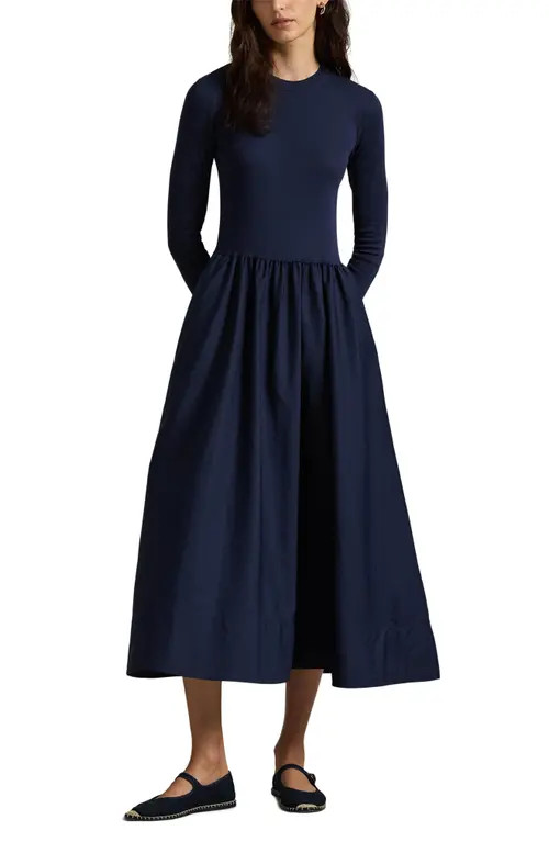 Polo Ralph Lauren Mixed Media Long Sleeve Cotton Dress in Cruise Navy at Nordstrom, Size X-Large | Nordstrom