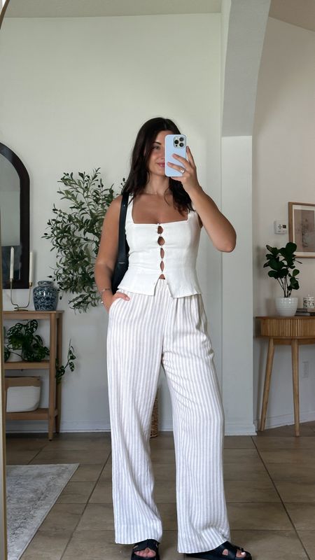 neutral linen pants outfit 
wearing xs regular pants & US4 top 
pants are lined & not see through + on sale 20% off. Top is 25% off code: MAY25

#LTKStyleTip #LTKSaleAlert #LTKSeasonal