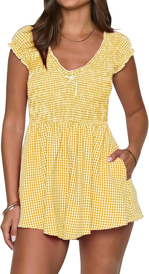 Summer Cute Gingham Shorts Romper Women Dressy Casual Boho Plaid Smocked Jumpsuit for Beach Vacat... | Amazon (US)