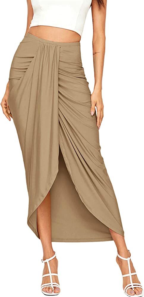 SheIn Women's Casual Slit Wrap Asymmetrical Elastic High Waist Maxi Draped Skirt | Amazon (US)