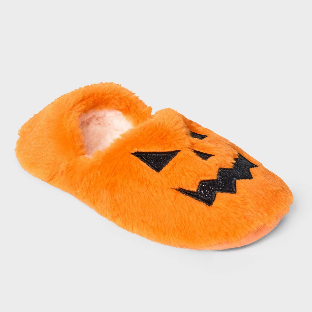 Women's Pumpkin Glitter Embroidered Halloween Faux Fur Pull-On Slipper Socks with Grippers - Hyde... | Target