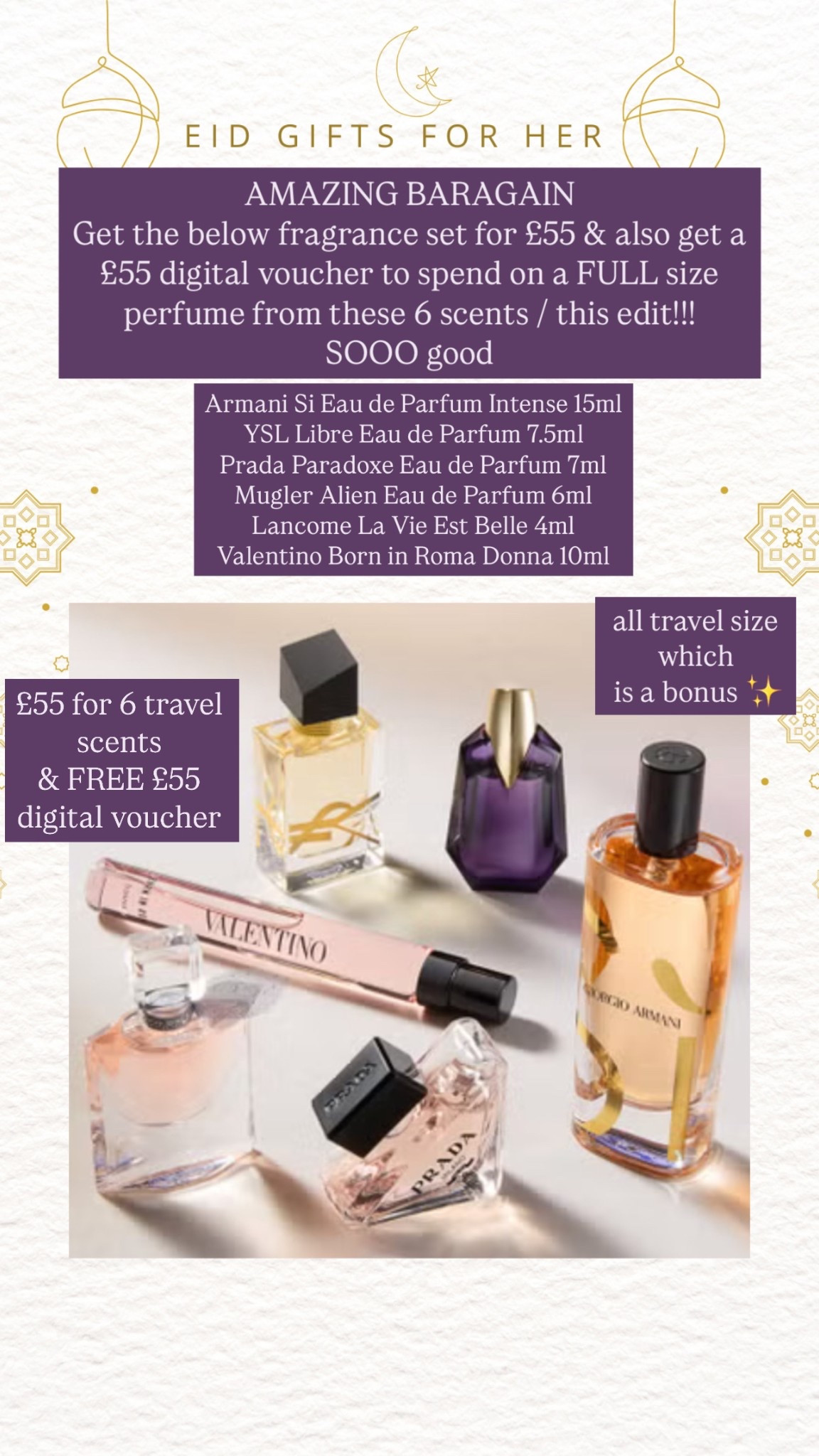 fragrance edit with some of my favourite scents - get 6 travel scents for £55 and a free £55 digital voucher to spend in your fave fragrance from this edit! 




#LTKgiftguide #LTKbeauty