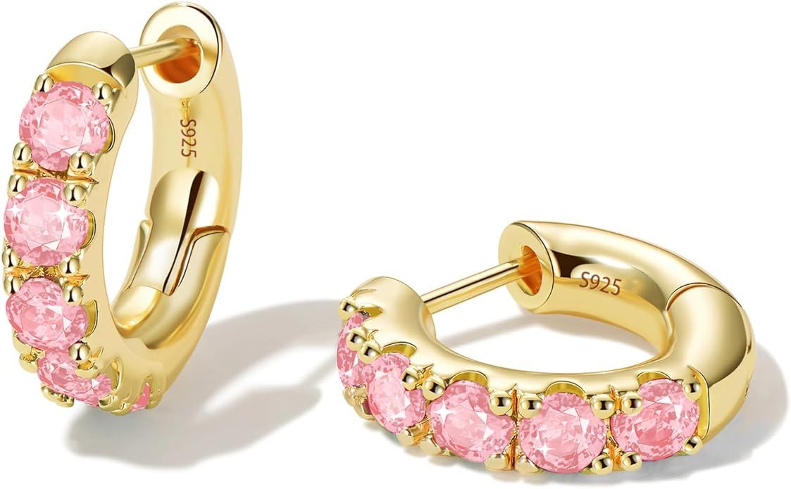 14k Gold Plated Cubic Zirconia Hoop Earrings for Women Sterling Silver Post Cuff Earrings Huggie ... | Amazon (US)