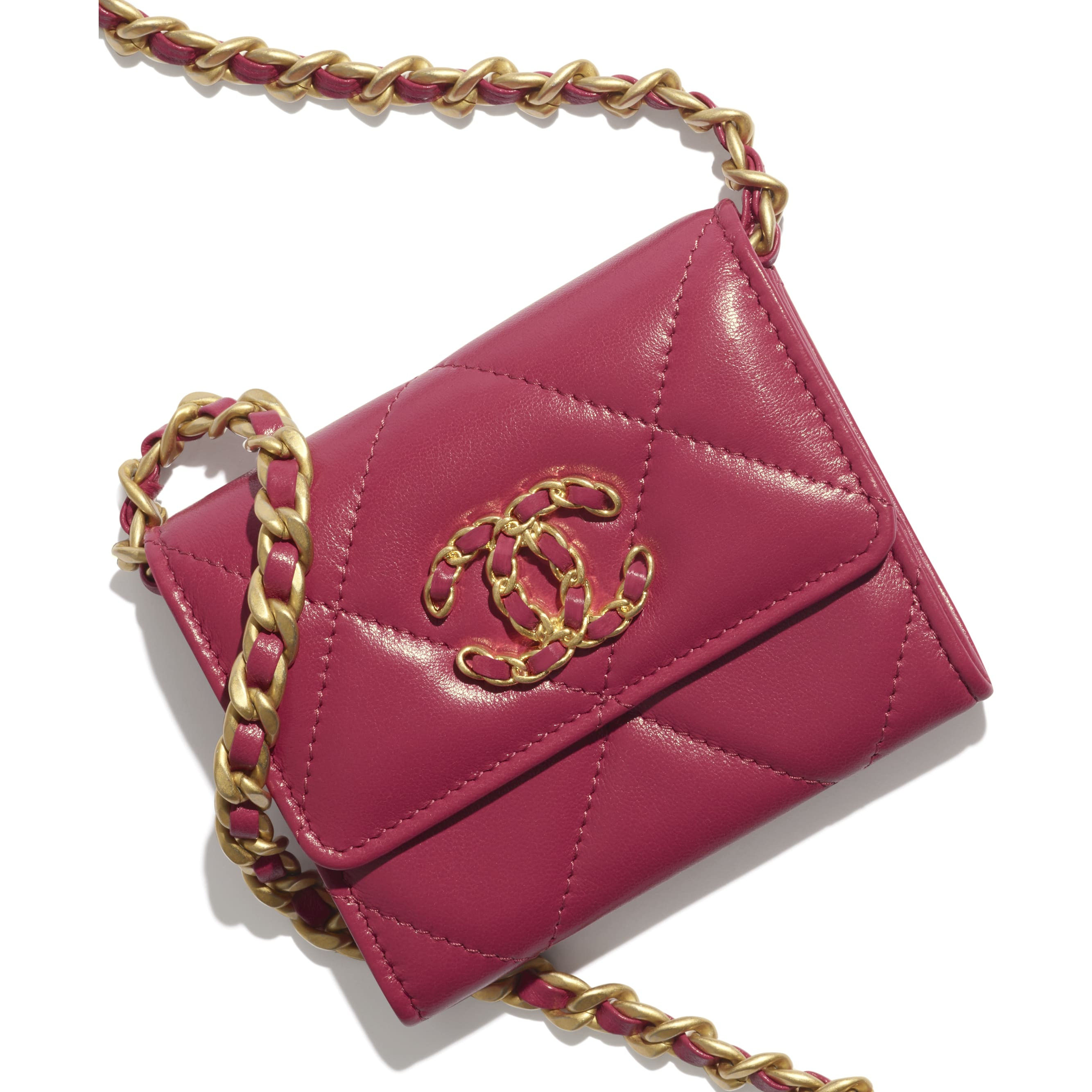 Lambskin, Gold-Tone, Silver-Tone & Ruthenium-Finish Metal Pink CHANEL 19 Flap Coin Purse with Cha... | Chanel, Inc. (US)