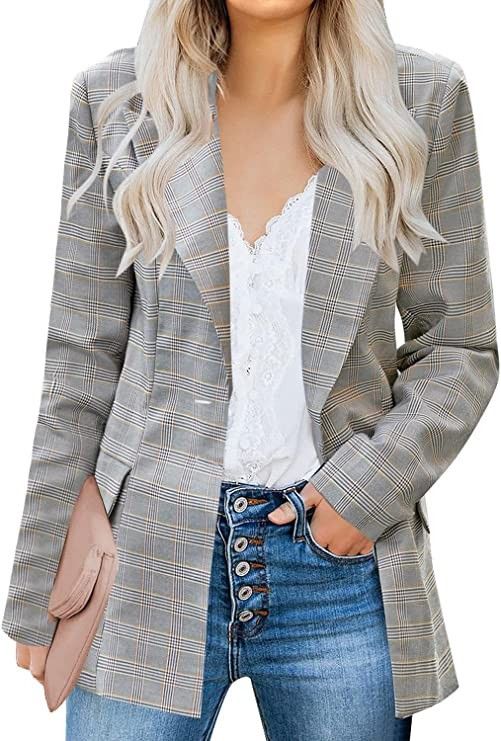 LookbookStore Women's Casual Check Plaid Loose Buttons Work Office Blazer Suit | Amazon (US)