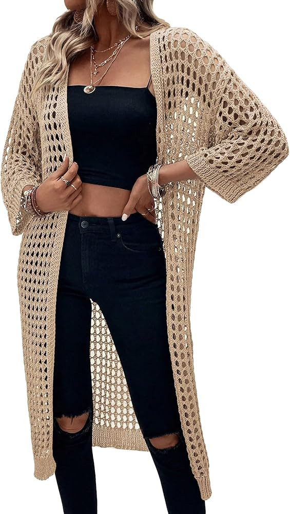 Verdusa Women's Hollow Out 3/4 Sleeve Open Front Knit Cardigan Long Kimono | Amazon (US)